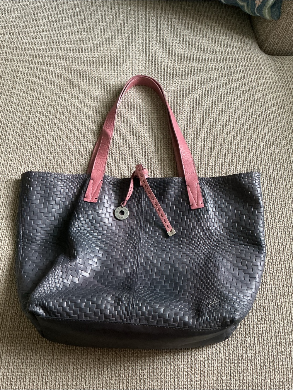 Woven Black Tote with Rose Pink Handles